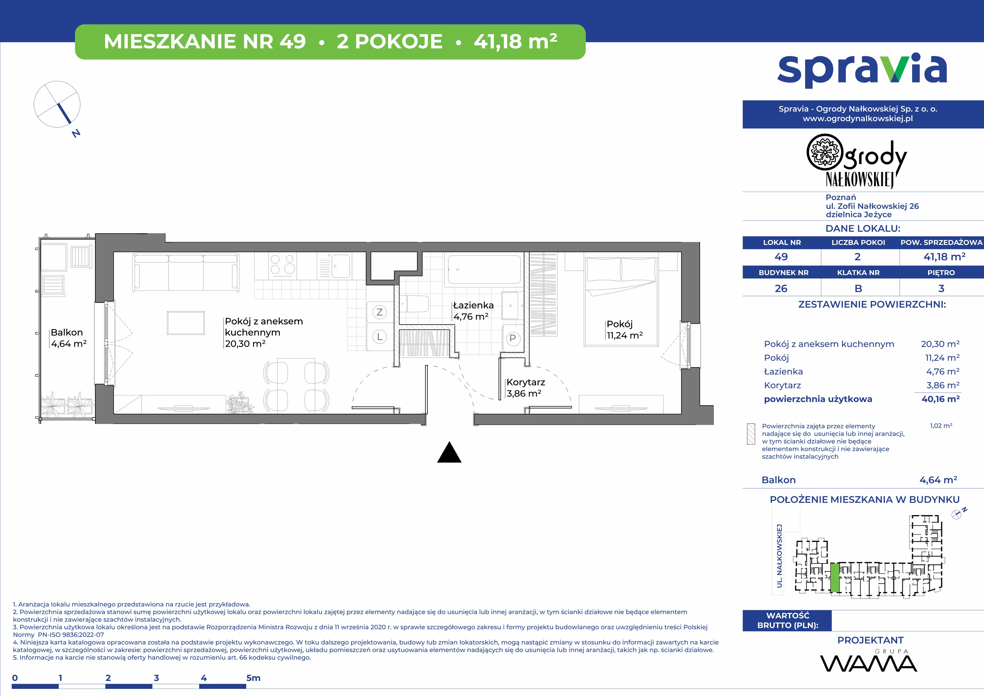 2 pokoje, mieszkanie 41,18 m², piętro 3, oferta nr 26-49, Ogrody Nałkowskiej, Poznań, Ogrody, ul. Nałkowskiej 24, 26